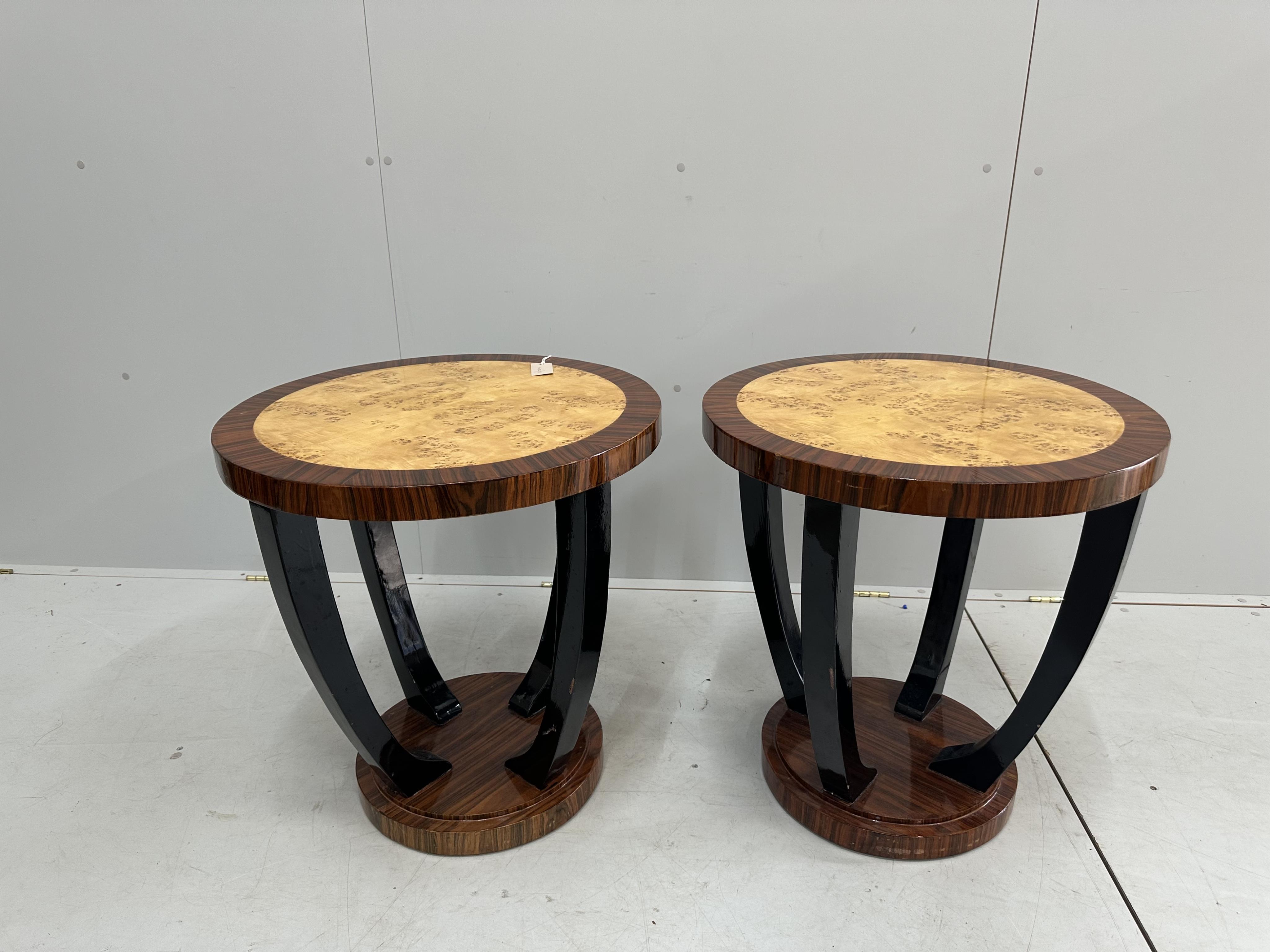 A pair of Art Deco style coromandel and bird's eye maple circular occasional tables, diameter 60cm, height 62cm. Condition - good